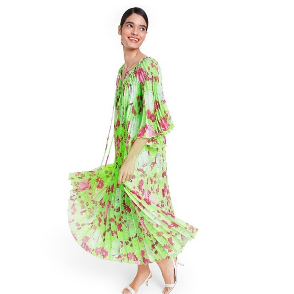 CHRISTOPHER JOHN ROGERS GREEN & PINK‎ FLORAL PLEATED DRESS SIZE XS - Picture 2 of 6